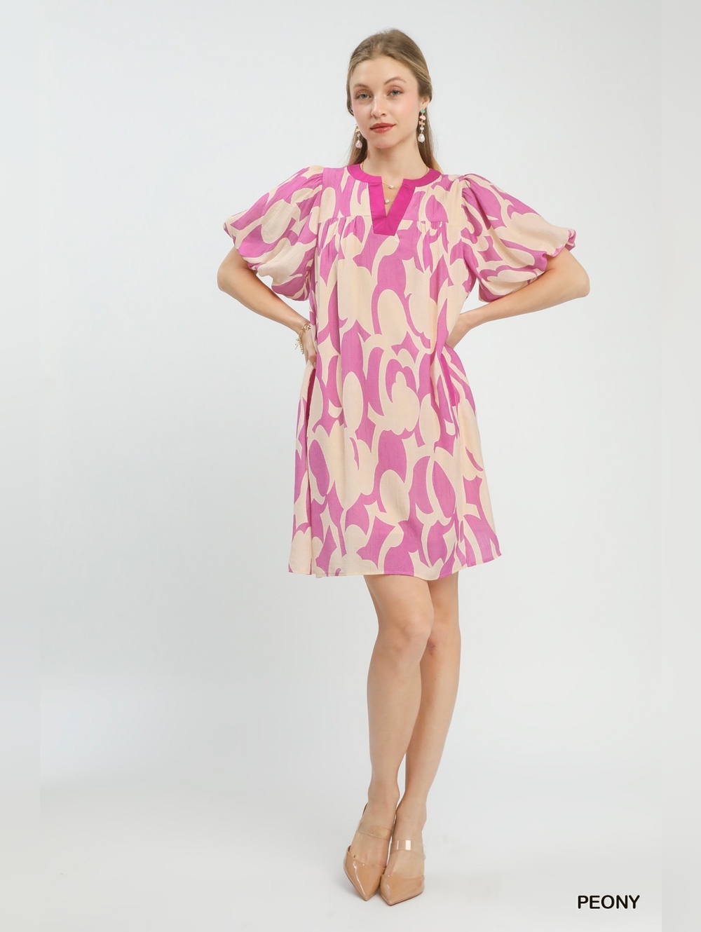 Umgee Abstract Print Puff Sleeve Shift Dress